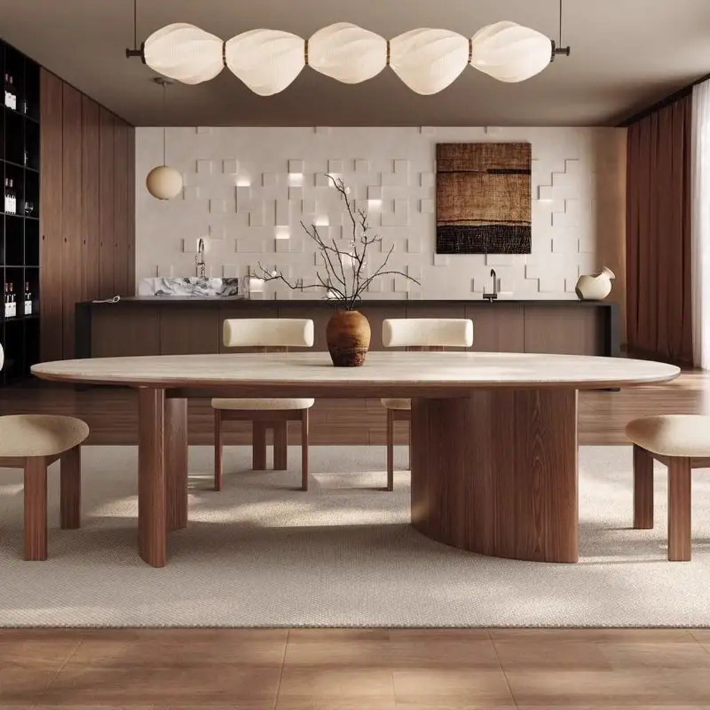 Ensemble Table à Manger "Équinoxe" – Pierre Frittée & 6 Chaises en Bois Noble – Design Organique Luxe