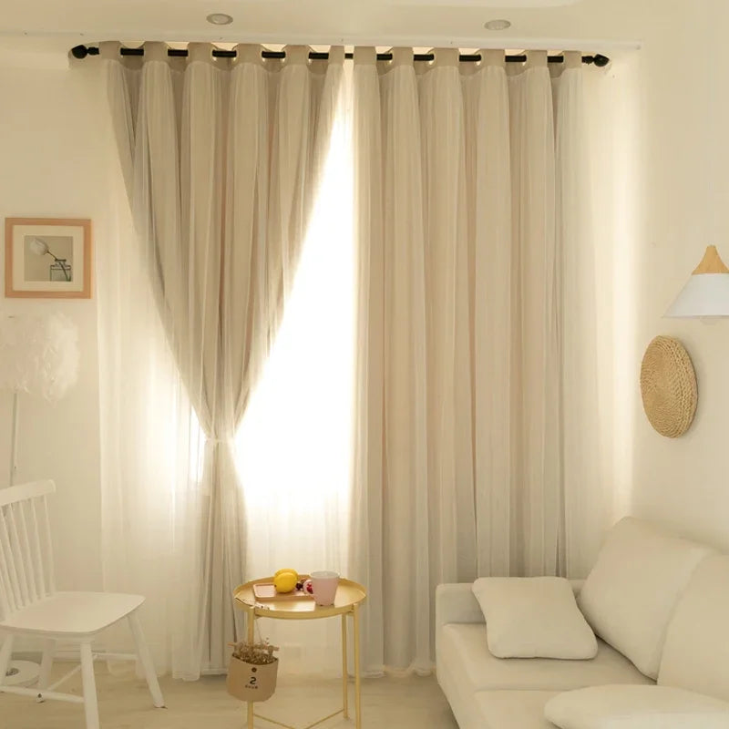 Korean Double Layer Princess Blackout Curtains for Living Room Bedroom Lace Shade Thermal Insulated Curtain with White Tulle