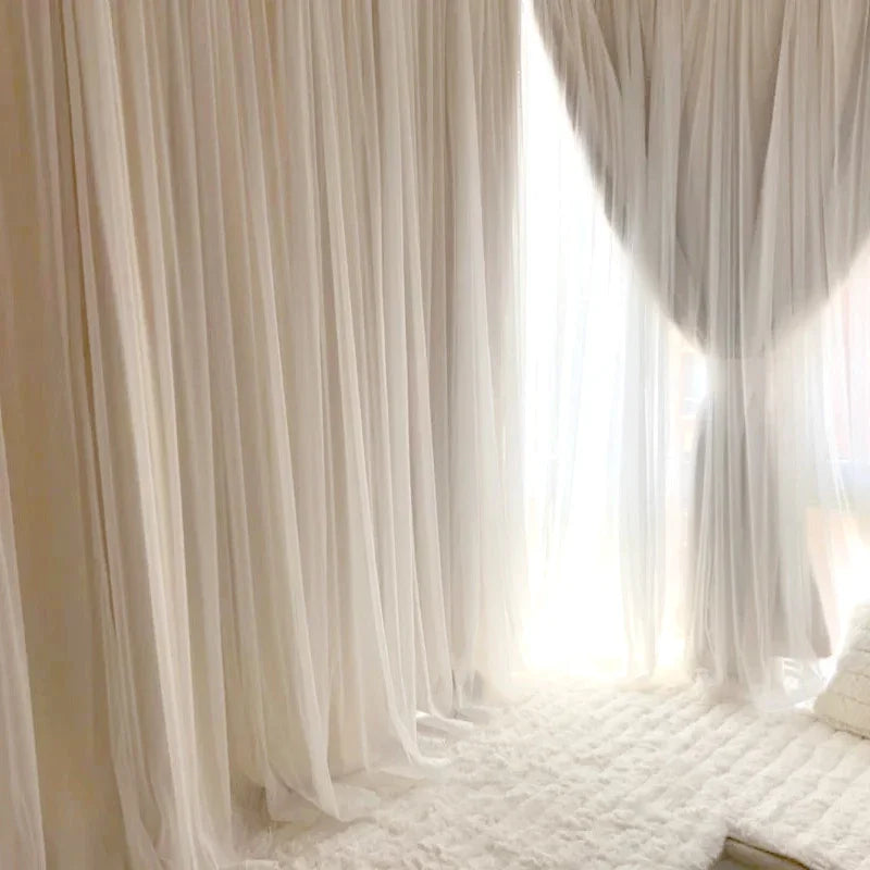 Korean Double Layer Princess Blackout Curtains for Living Room Bedroom Lace Shade Thermal Insulated Curtain with White Tulle