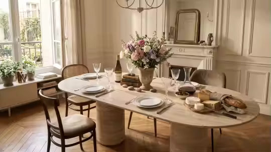 Table à Manger "Romana" – Travertin Véritable & Édition Sculpturale (230 cm)