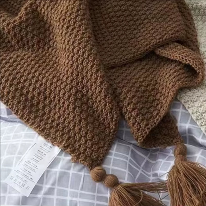 Nordic Blankets for Bed Sofa Couch Chunky Knit Bedspread Knitted Throw Blanket with Tassel Plain Color Waffle Embossed Blanket