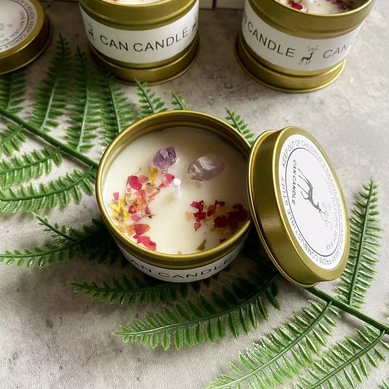 1PC Crystal Stone Aromatherapy Candle Plant Essential Oil Soybean Iron Can Candle Dry Flower