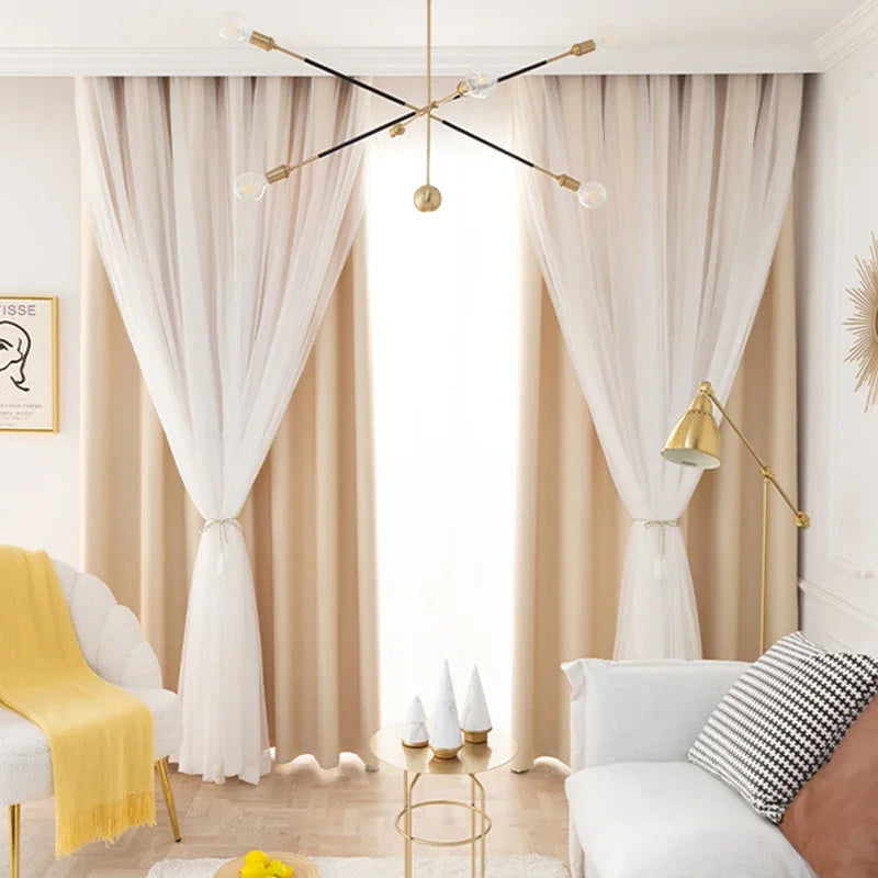 Korean Double Layer Princess Blackout Curtains for Living Room Bedroom Lace Shade Thermal Insulated Curtain with White Tulle