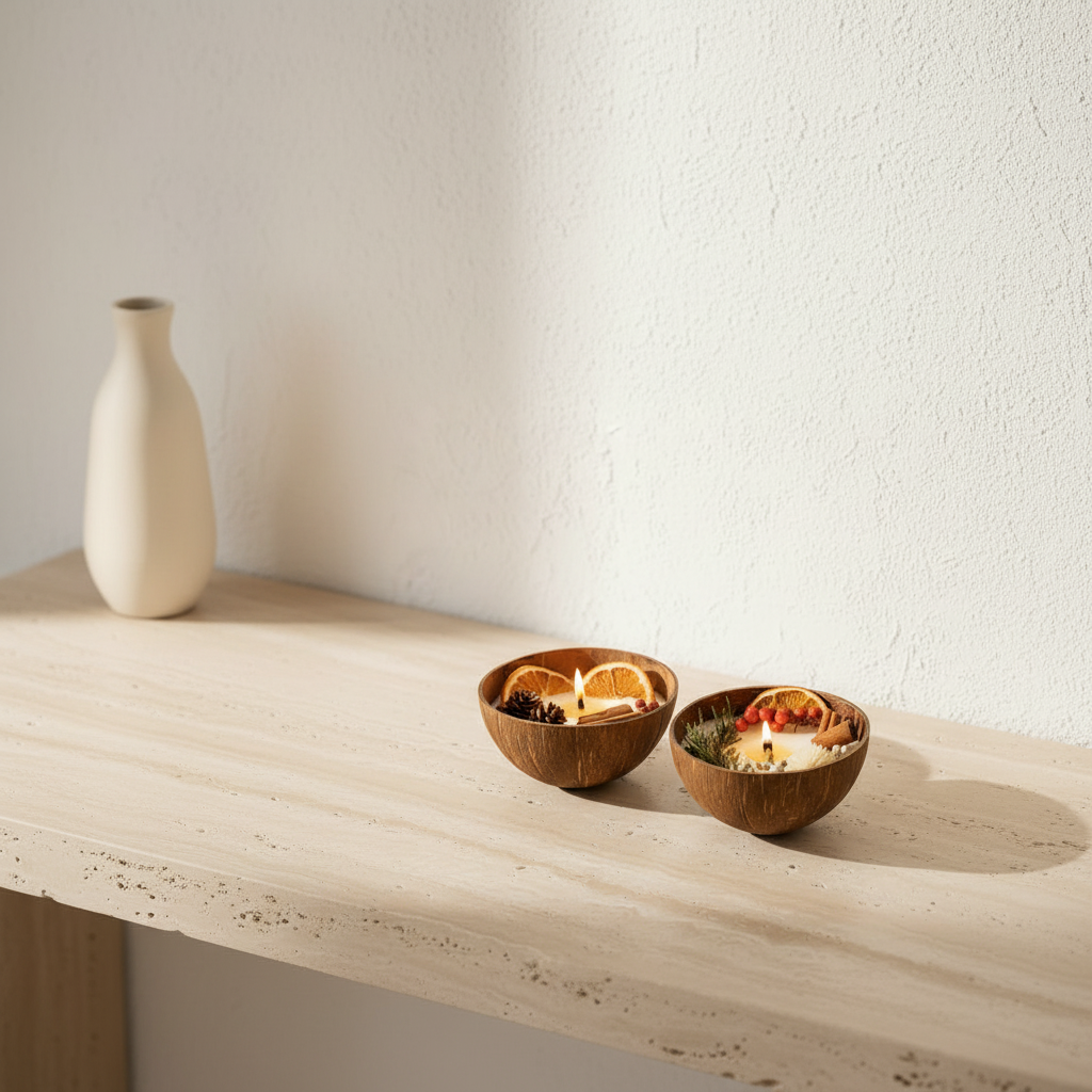 Bougie Coconut – Console travertin lifestyle