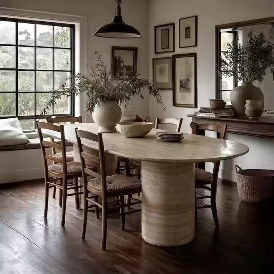 Table à Manger "Romana" – Travertin Véritable & Édition Sculpturale (230 cm)