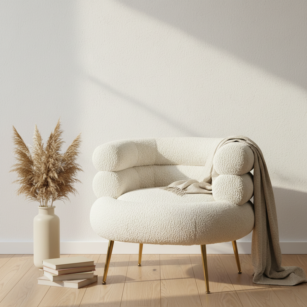 Fauteuil Lounge "Nuage" – Design Organique en Laine Bouclée & Pieds Dorés