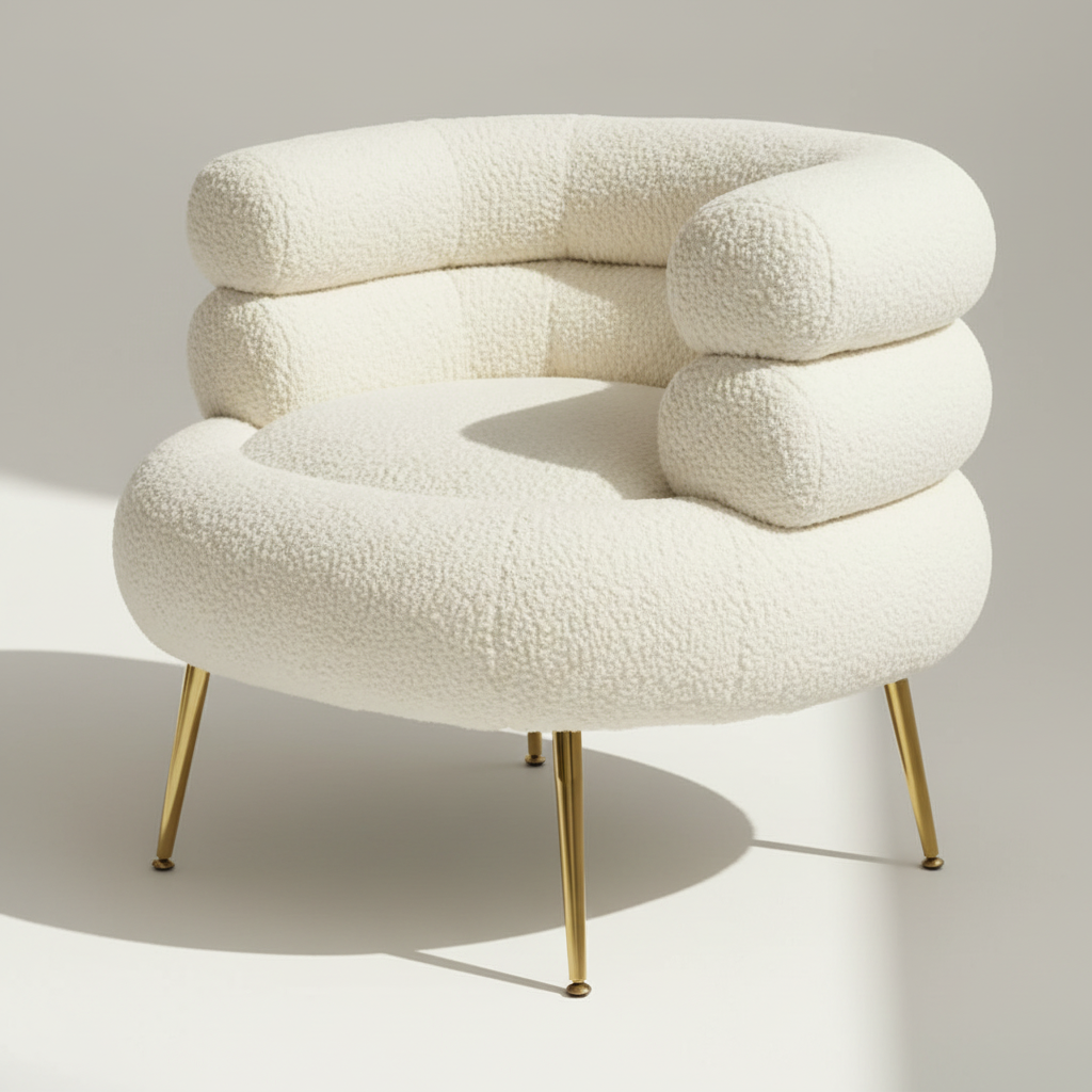Fauteuil Lounge "Nuage" – Design Organique en Laine Bouclée & Pieds Dorés