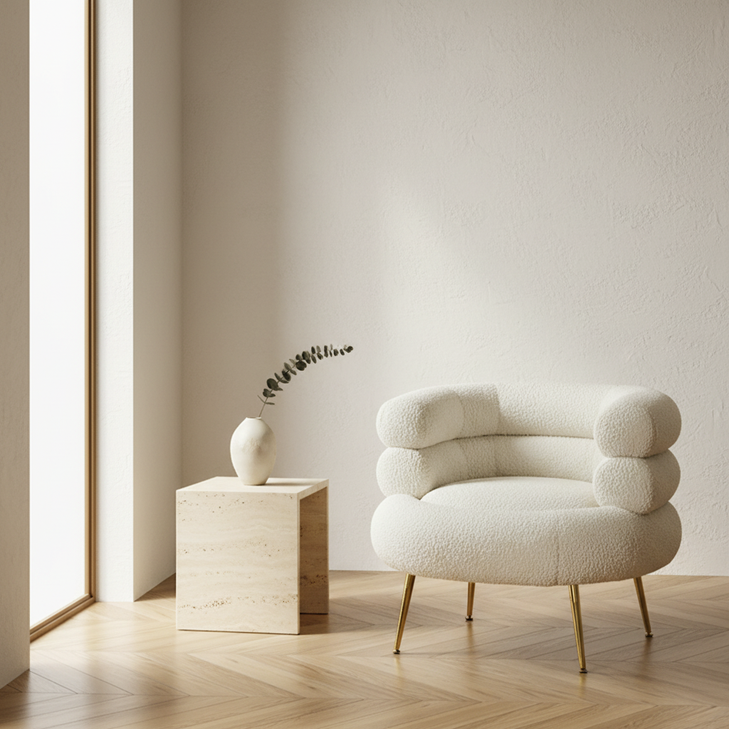 Fauteuil Lounge "Nuage" – Design Organique en Laine Bouclée & Pieds Dorés