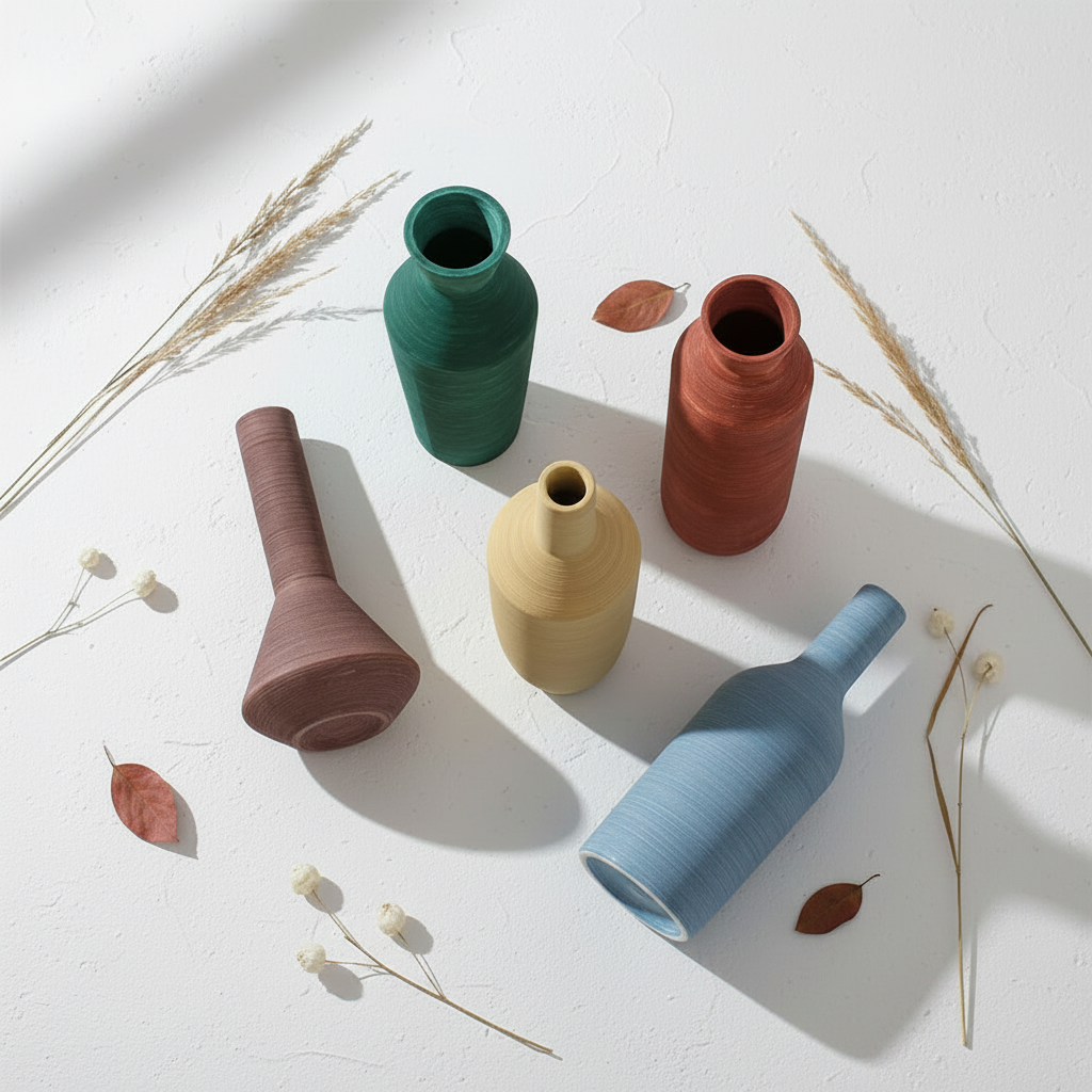 Collection Sabi — Vases céramique brossé nordique, flat lay minimaliste
