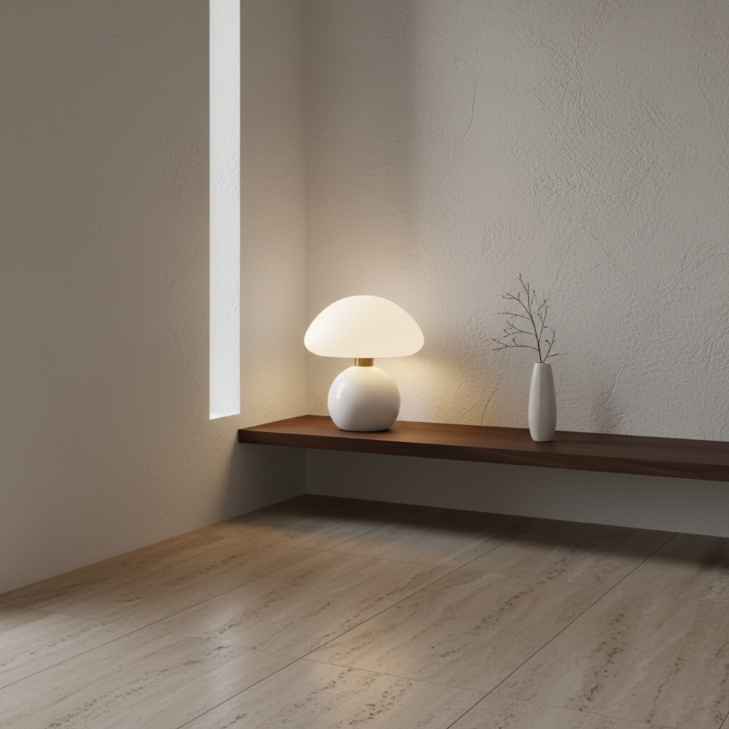 Lampe Lueur – Étagère noyer, plâtre brut