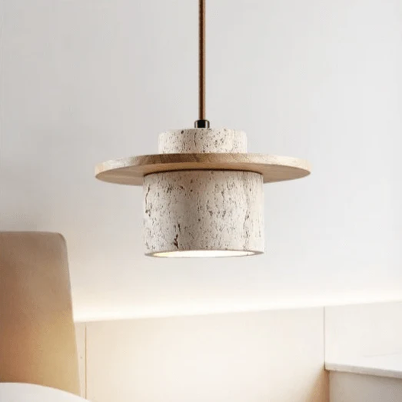 Suspension "Éclat Minéral" en Travertin Naturel & Noyer – Design Organique Luxe