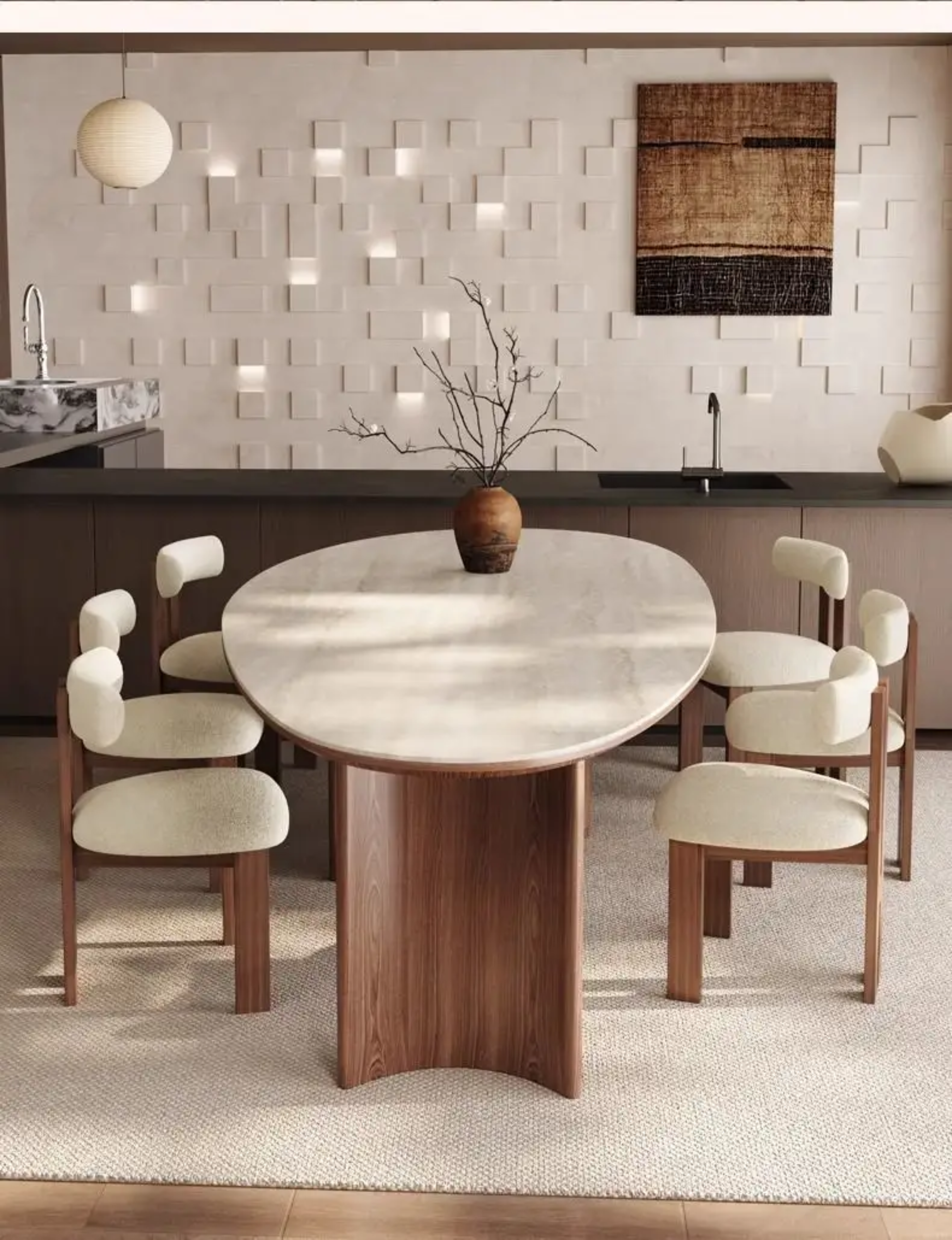 Ensemble Table à Manger "Équinoxe" – Pierre Frittée & 6 Chaises en Bois Noble – Design Organique Luxe