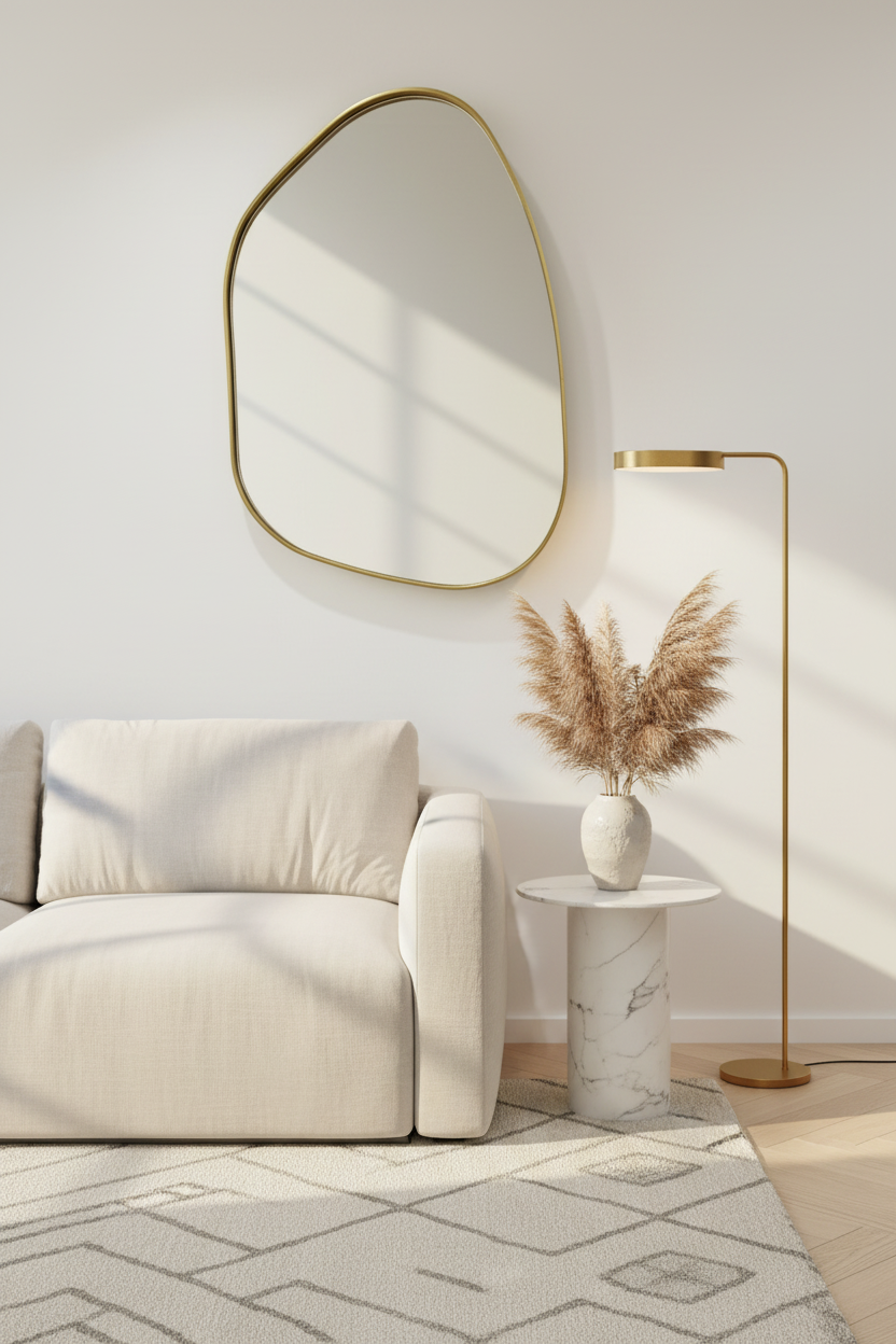 Miroir organique Sienne — silhouette galet, cadre en bois naturel — Maison Gary