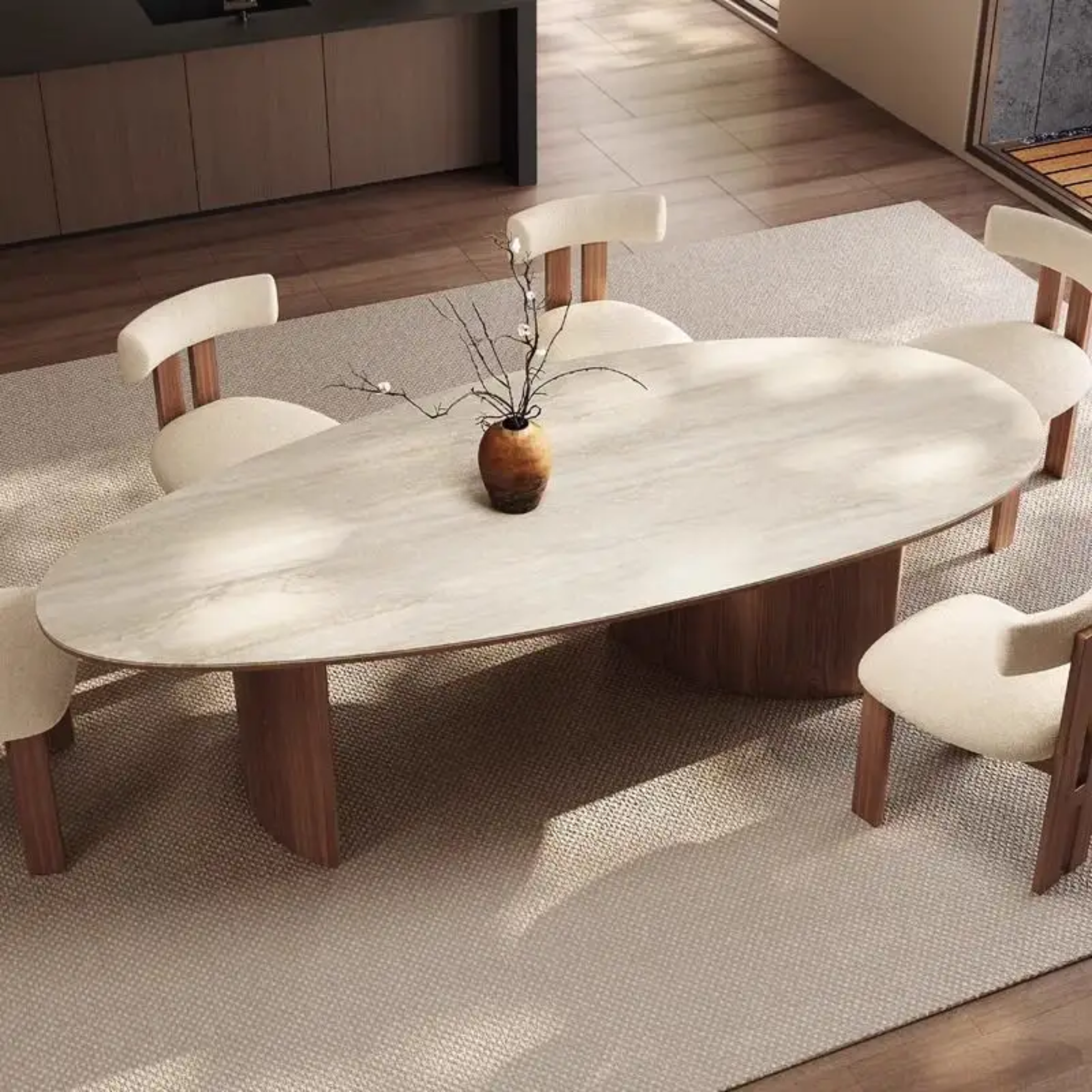 Ensemble Table à Manger "Équinoxe" – Pierre Frittée & 6 Chaises en Bois Noble – Design Organique Luxe