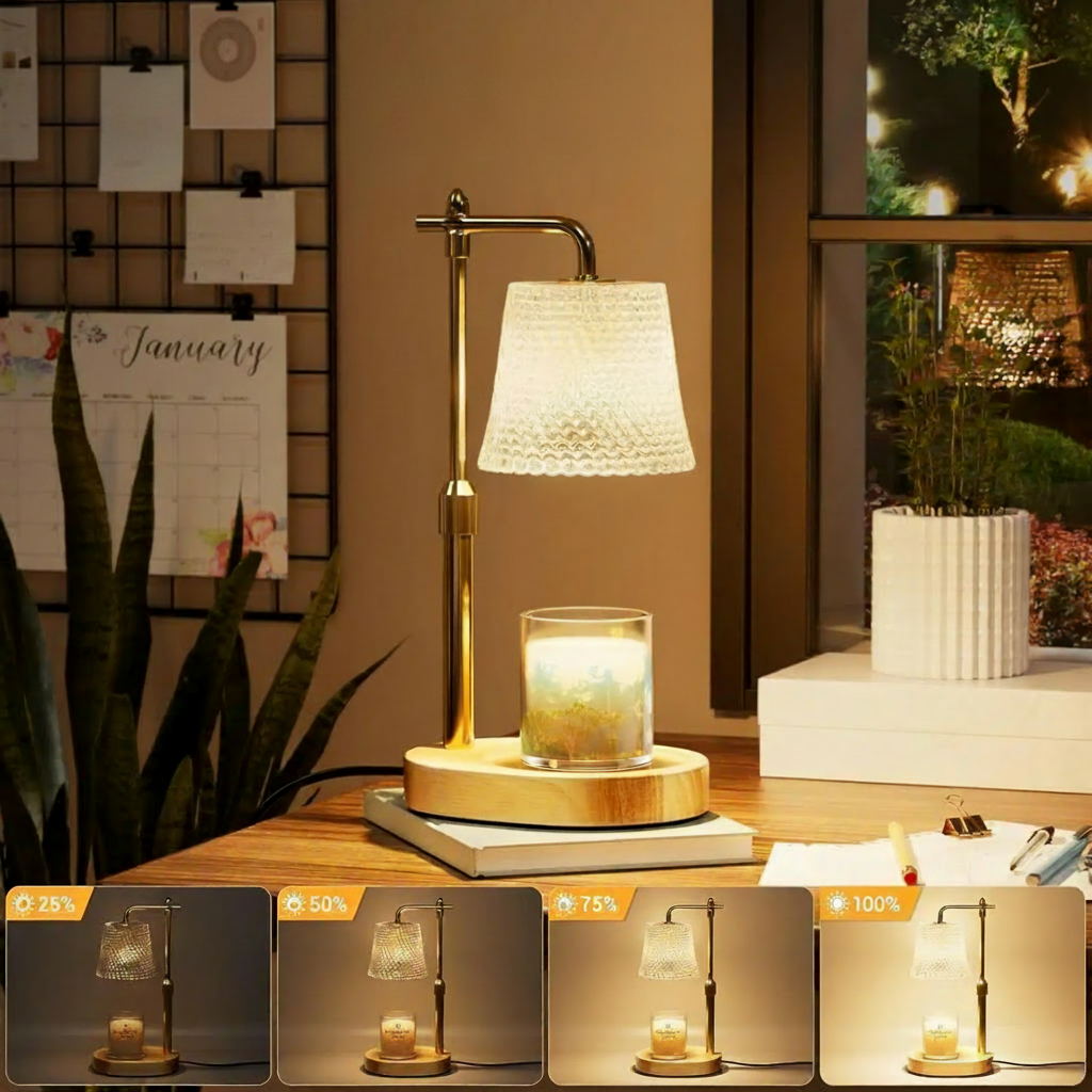 Lampe Chauffe-Bougie "Aura" – Laiton & Bois Naturel- Luminaire Design Ambiance Douce | Maison Gary