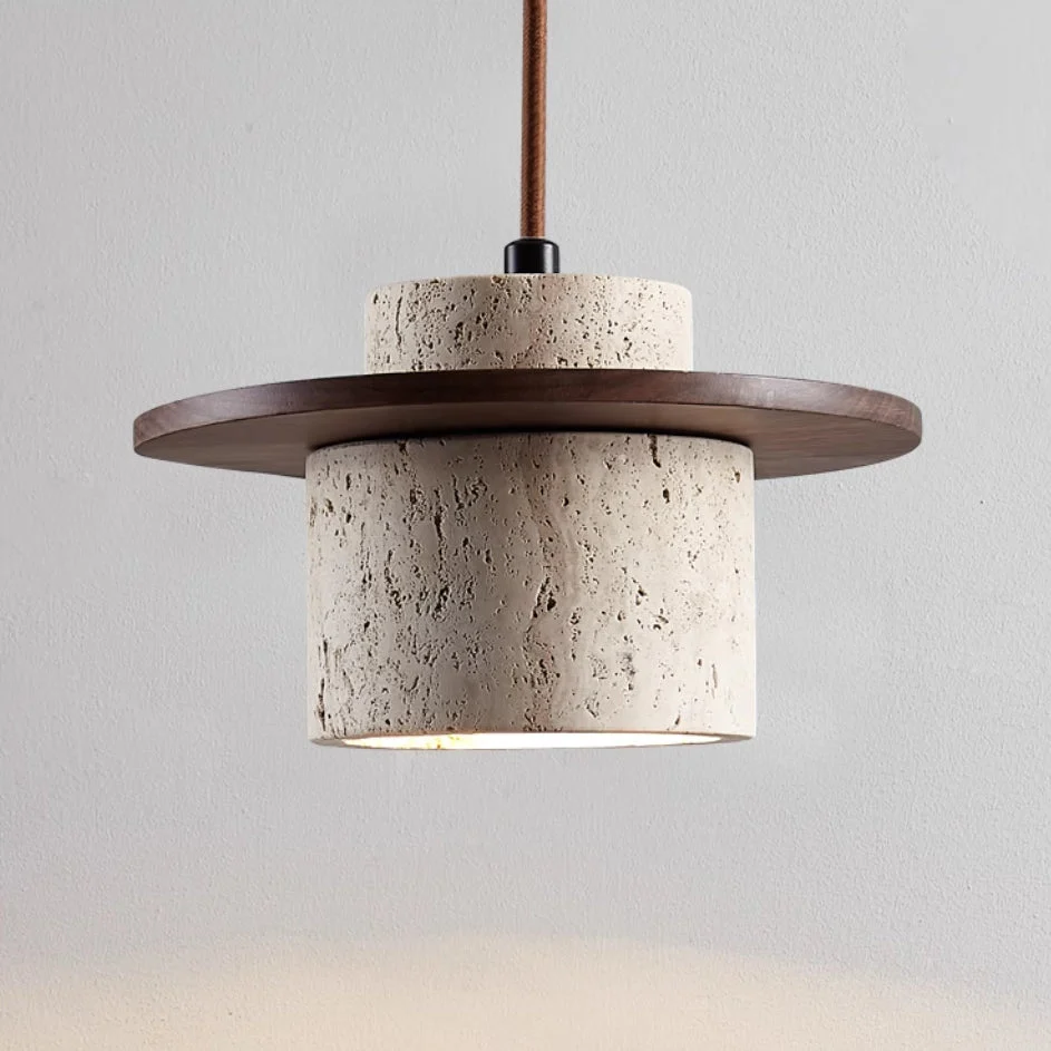 Suspension "Éclat Minéral" en Travertin Naturel & Noyer – Design Organique Luxe