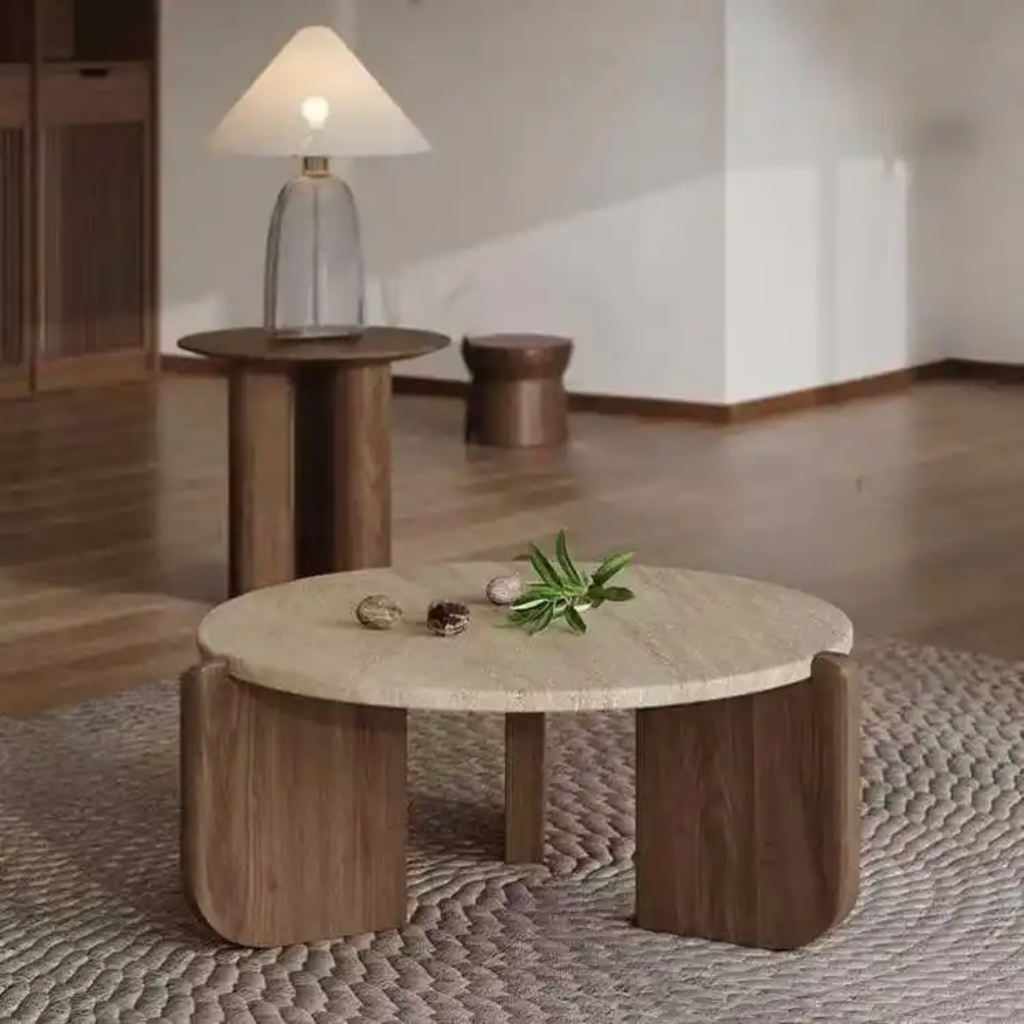 Table basse L’Alba en bois naturel et travertin, design organique — Maison Gary