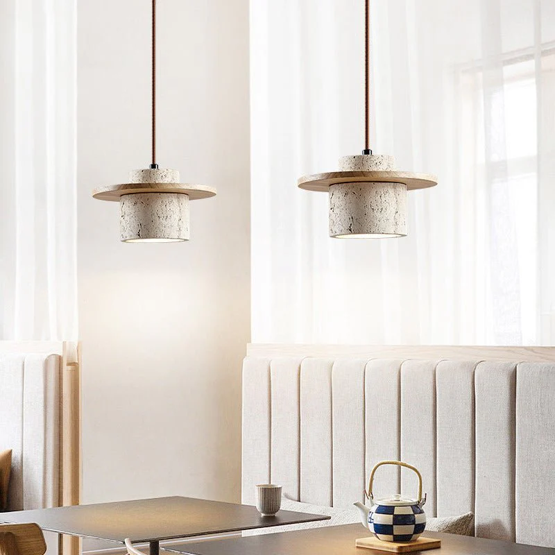 Suspension "Éclat Minéral" en Travertin Naturel & Noyer – Design Organique Luxe