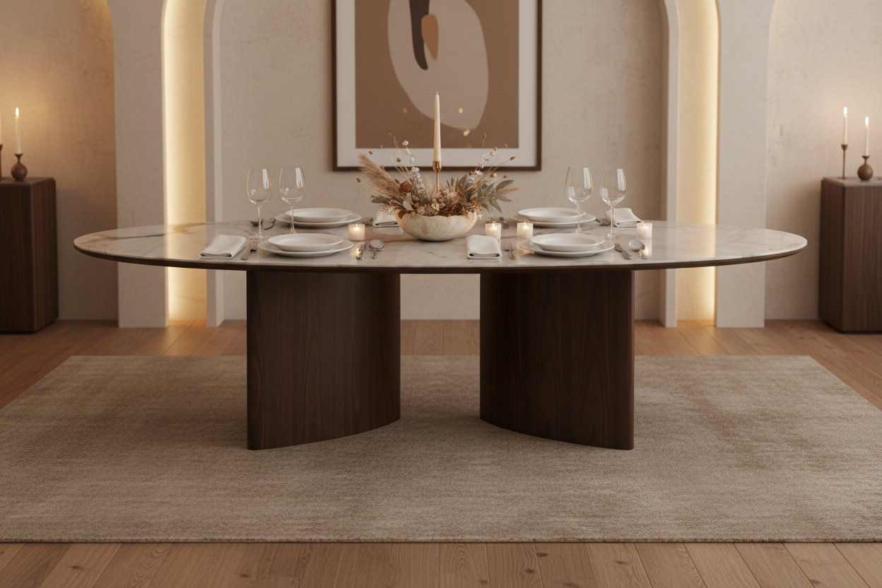 Ensemble Table à Manger "Équinoxe" – Pierre Frittée & 6 Chaises en Bois Noble – Design Organique Luxe