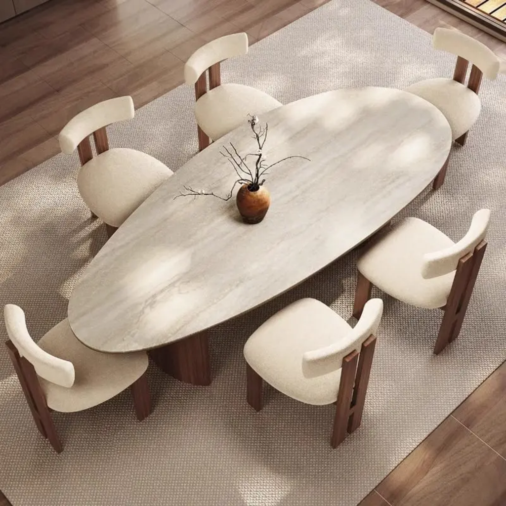 Ensemble Table à Manger "Équinoxe" – Pierre Frittée & 6 Chaises en Bois Noble – Design Organique Luxe
