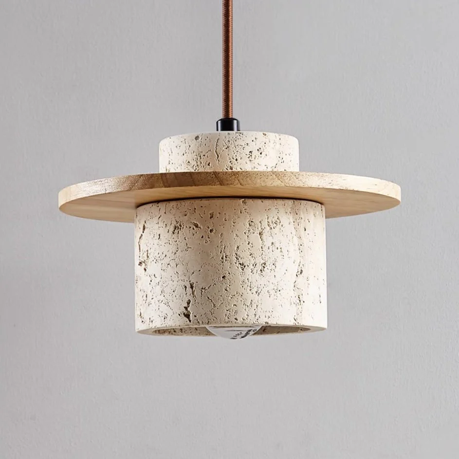 Suspension "Éclat Minéral" en Travertin Naturel & Noyer – Design Organique Luxe