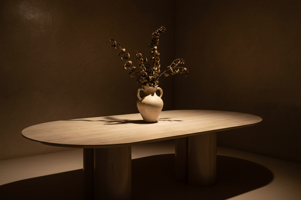 Table à Manger "Romana" – Travertin Véritable & Édition Sculpturale (230 cm)