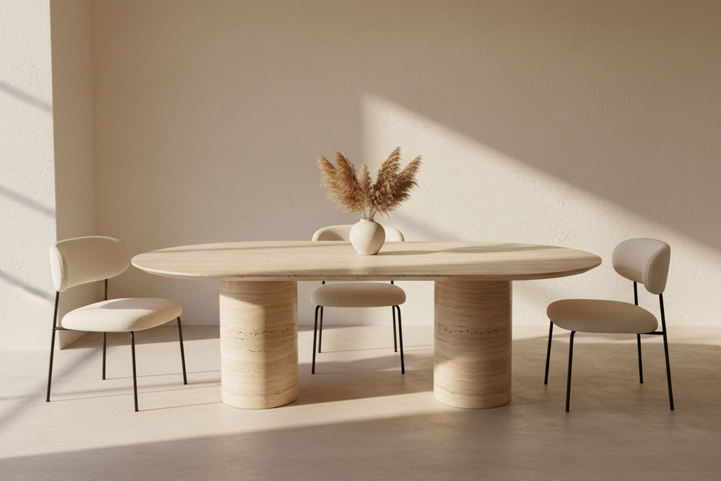 Table à Manger "Romana" – Travertin Véritable & Édition Sculpturale (230 cm)