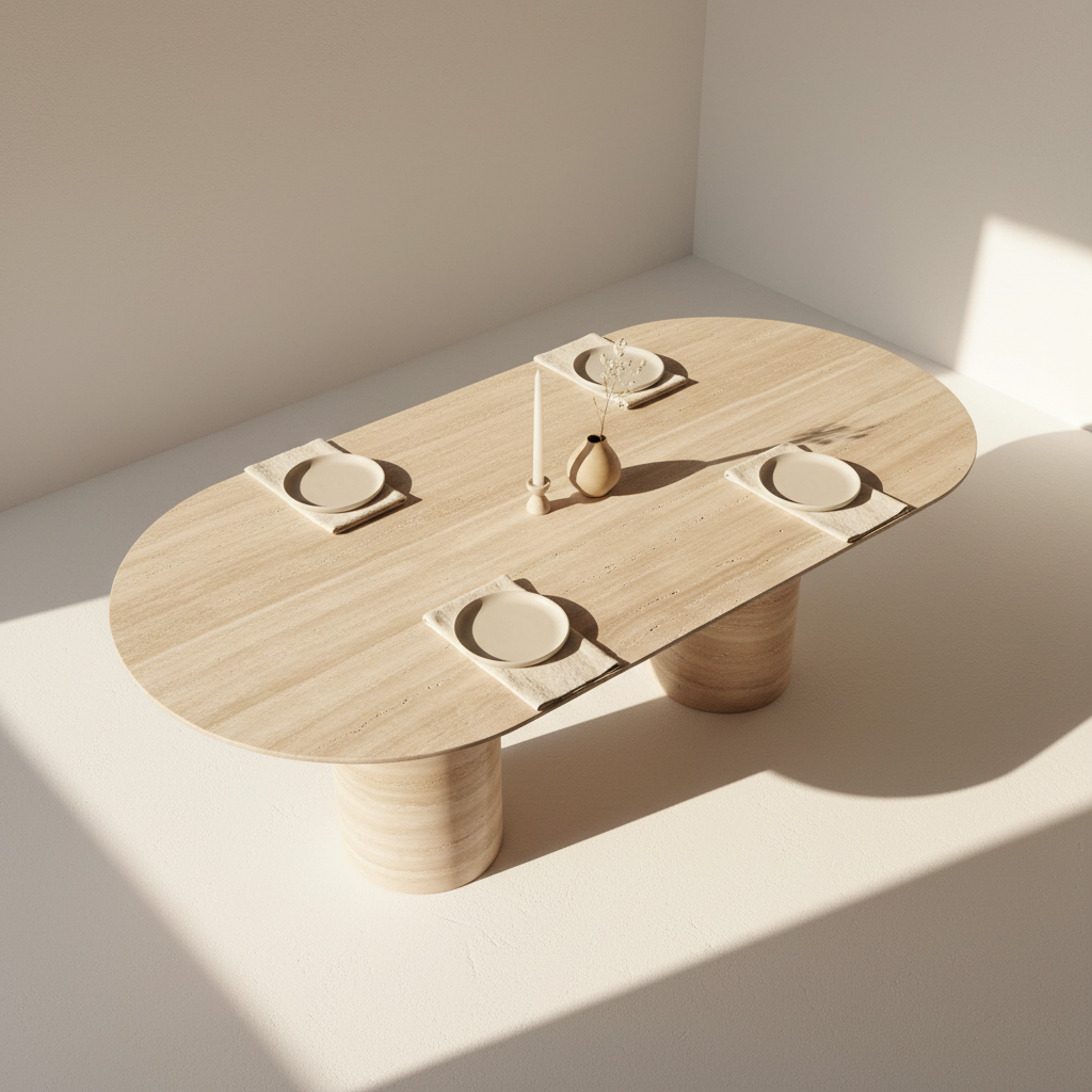 Table à Manger "Romana" – Travertin Véritable & Édition Sculpturale (230 cm)