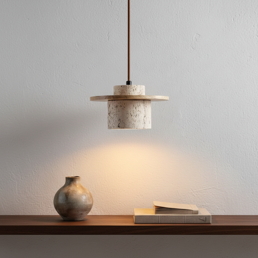 Suspension "Éclat Minéral" en Travertin Naturel & Noyer – Design Organique Luxe