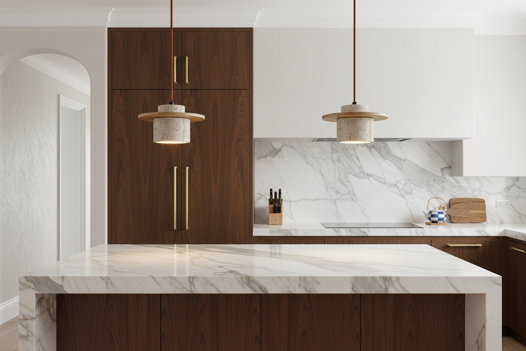 Suspension "Éclat Minéral" en Travertin Naturel & Noyer – Design Organique Luxe