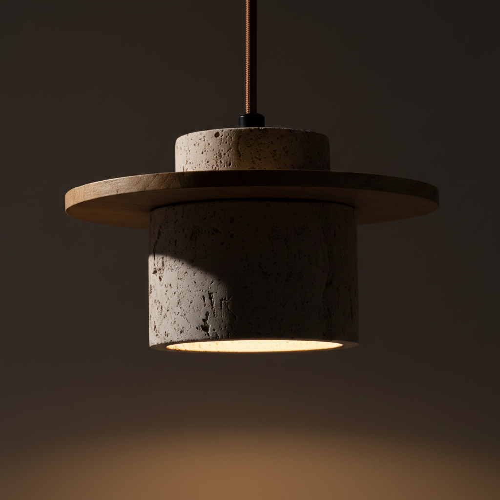 Suspension "Éclat Minéral" en Travertin Naturel & Noyer – Design Organique Luxe