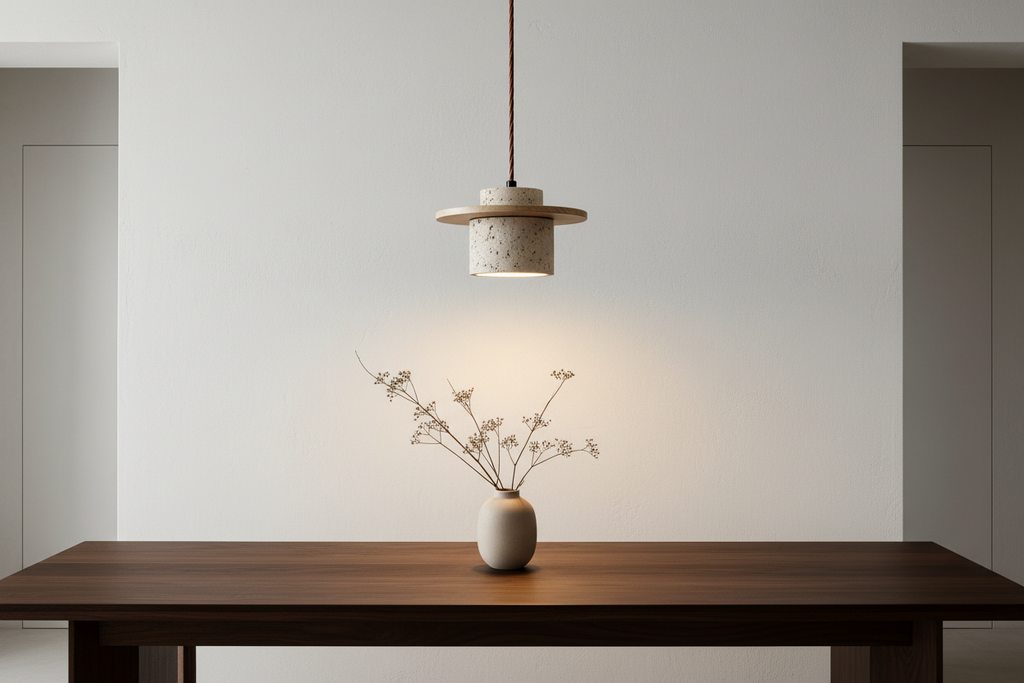 Suspension "Éclat Minéral" en Travertin Naturel & Noyer – Design Organique Luxe
