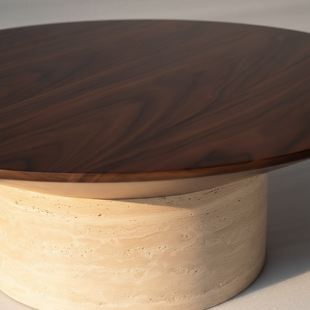Ensemble Sculptural de Tables Basses "Thétis" – Travertin & Bois Massif