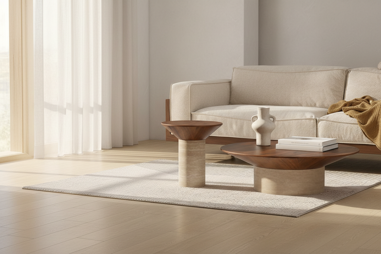 Ensemble Sculptural de Tables Basses "Thétis" – Travertin & Bois Massif