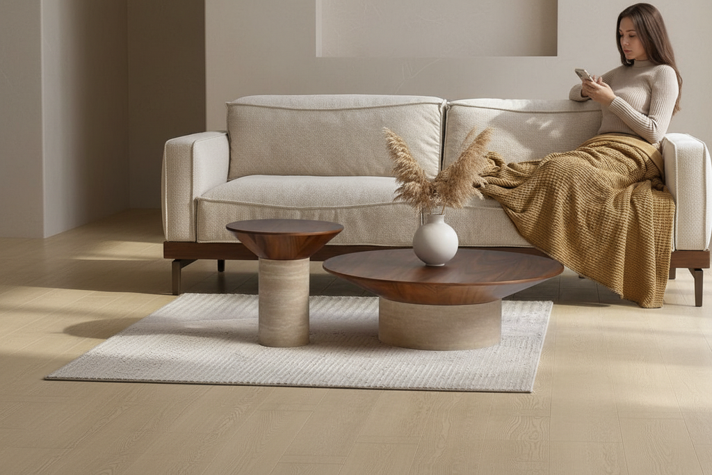 Ensemble Sculptural de Tables Basses "Thétis" – Travertin & Bois Massif