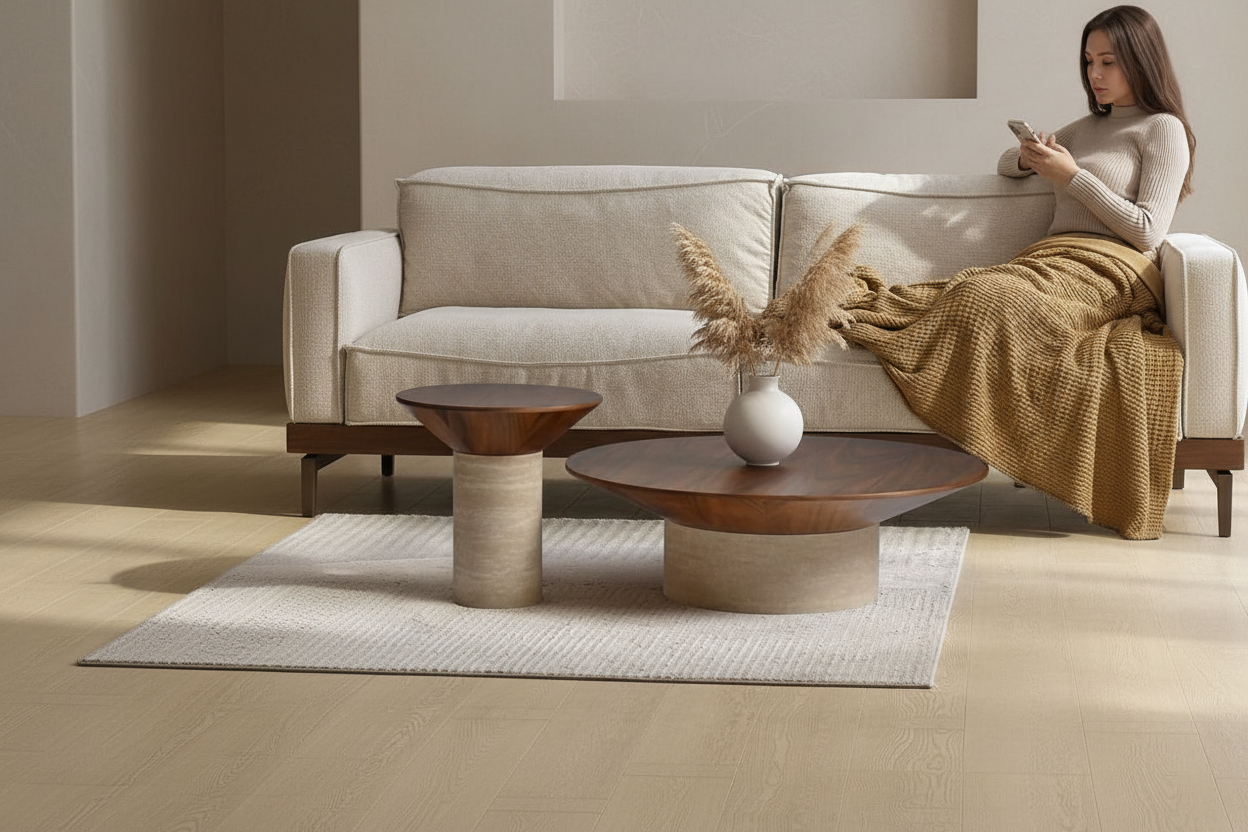 Ensemble Sculptural de Tables Basses "Thétis" – Travertin & Bois Massif