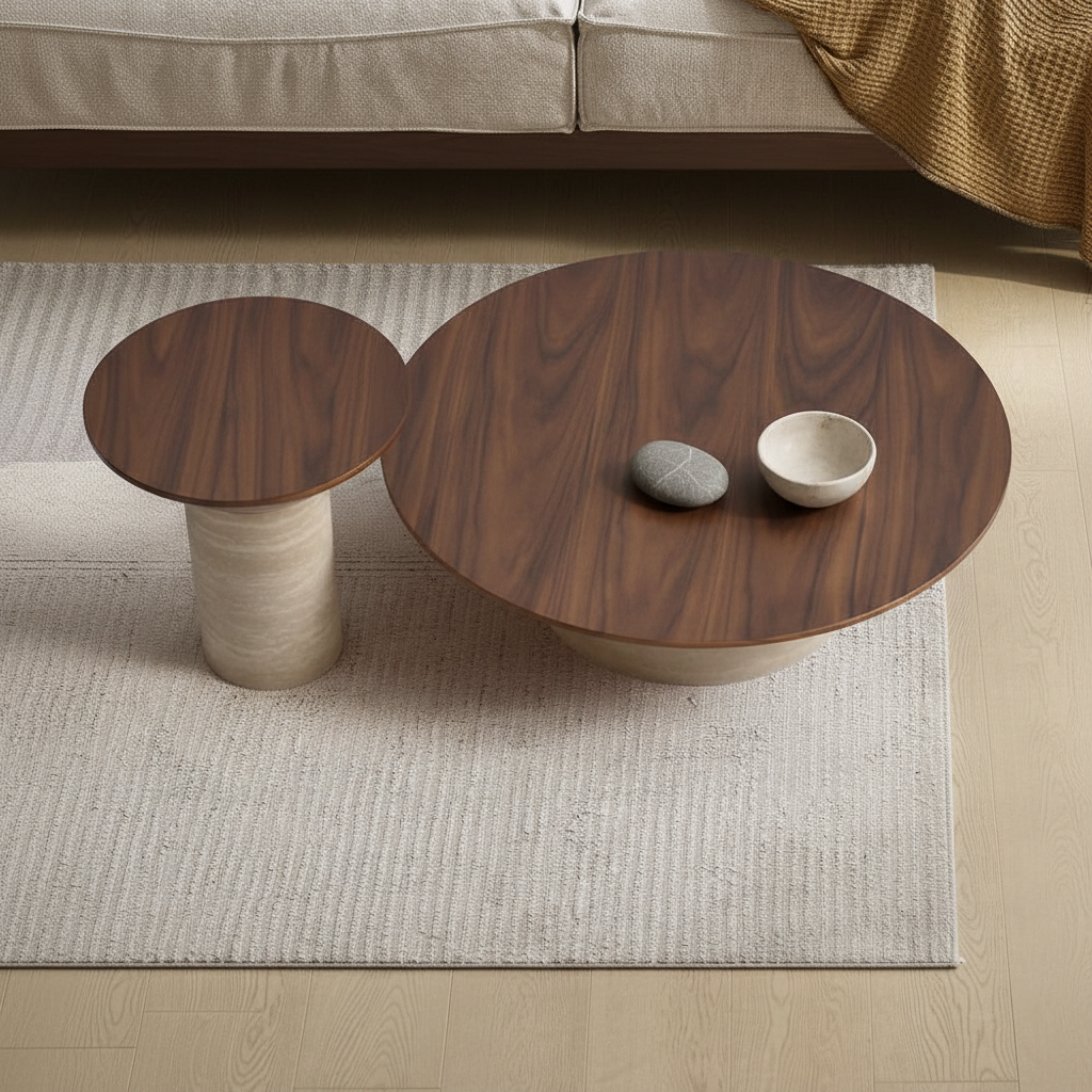 Ensemble Sculptural de Tables Basses "Thétis" – Travertin & Bois Massif